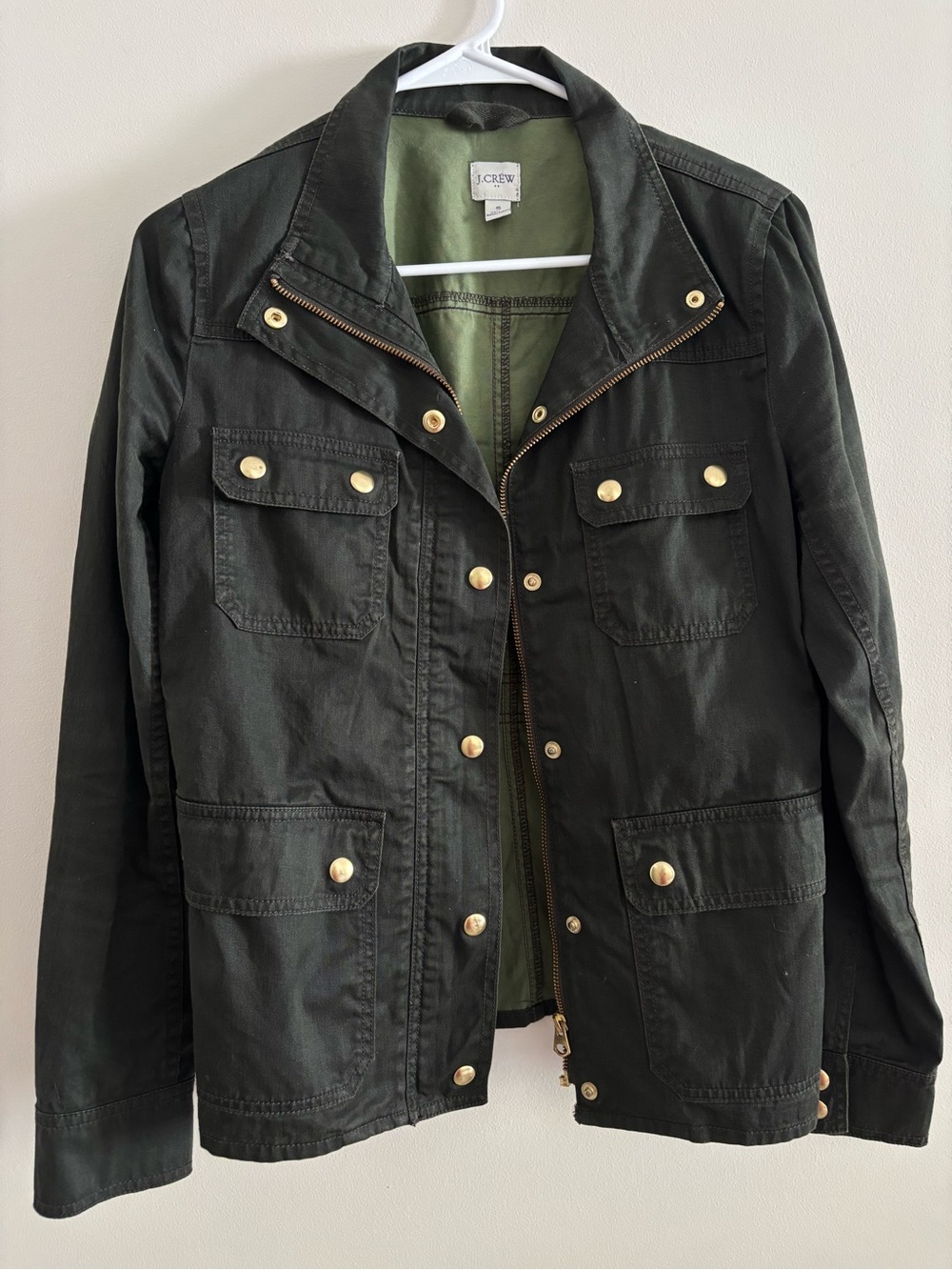 J. Crew Women's Dark Olive Utility Jacket Fall with Gold Size Small
